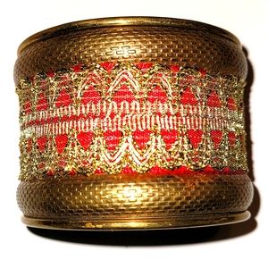 Handmade Custom Design Brass cuff Bracelet w/Red&Gold Lace In-set